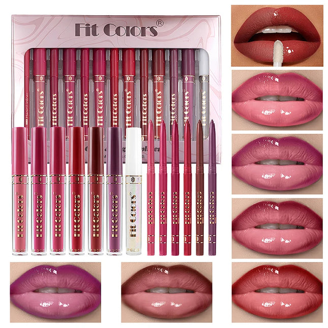 Matte Lip Gloss & Lipliner Pen Set Makeup Women Gift 24h Long-lasting Waterproof Non Stick Cup Mirror Lipstick Sexy Lips Makeup