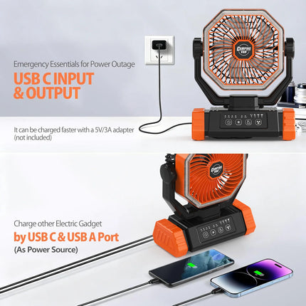 A camping fan powered by a 40000 mAh battery, rechargeable fan, with LED lights, equipped with a remote control and timer