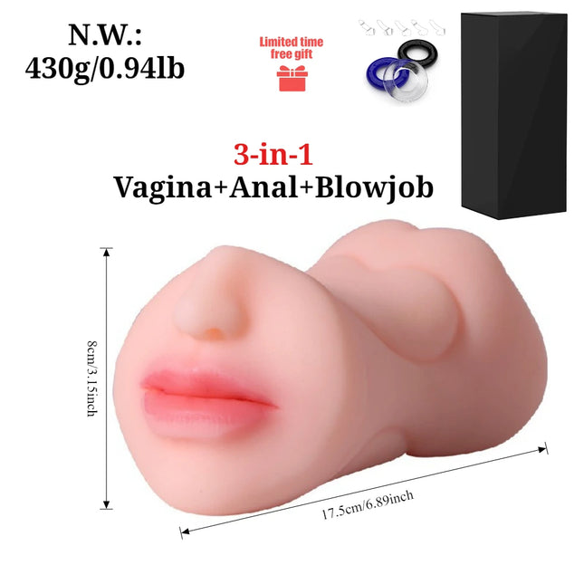 3-IN-1 Pocket Pussy Food Grade Silicone Male Masturbator Realistic Vagina Anal Blowjob Adult Sex Toys for Men Masturbation Cup