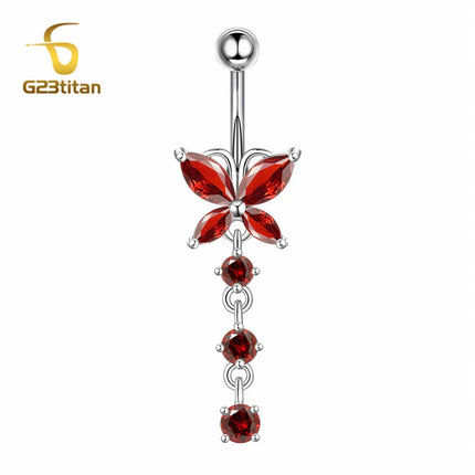 G23titan Crystal Zircon Butterfly Dangle Belly Button Ring Titanium or Steel Bar Navel Piercing Jewelry Women Body Accessories