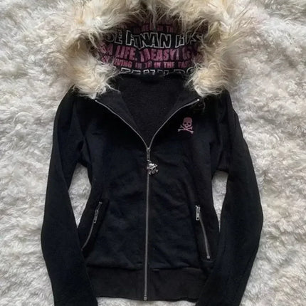 2025 American Retro Black Letter Embroidered Vintage Zipper Hoodie Women Gothic Punk Casual Slim Patchwork Sweatshirt Jackets