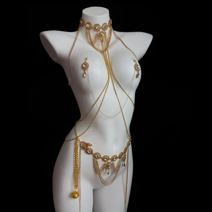 Gold Gemstone Collar Sexy Body Chain Tassel Nipple Clamps SM Training Chest Stimulation Punishment Women's Waist Chain Accessory