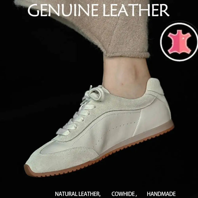 Ins Fashion Suede Leather Women Sneakers Lace Up Flat Shoes Genuine Leather  Ladies Flats Casual Shoes