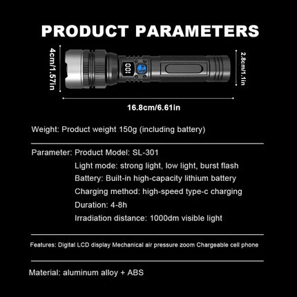 Ultra-Bright Rechargeable Flashlight, Compact & Lightweight Torch for Camping Hiking Fishing Outdoor Emergency  Lighting