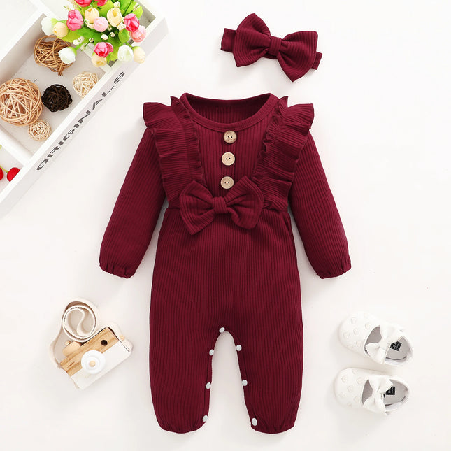Baby girl Clothing Solid Color Ruffled Ribbed Long sleeved Jumpsuit 0-18 Months old Baby Girl Spring and Autumn Crawling Suit