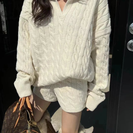 Loose  Ne Knitted Sweater And orts Set for Women Faionable Lazy Sle Twist Knit Top And Bot Two-Piece Suit