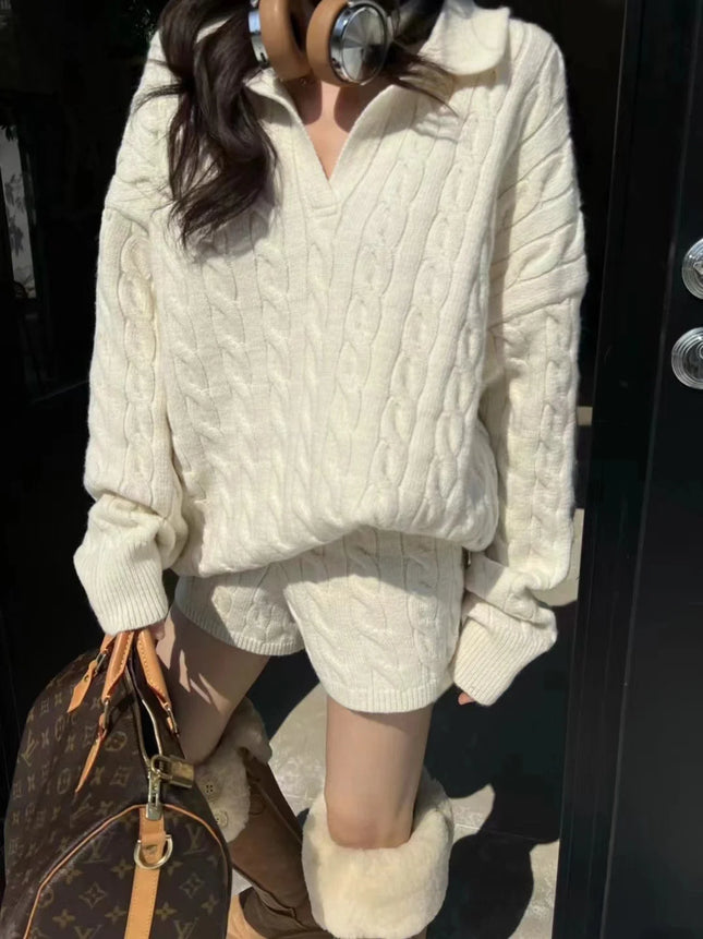 Loose  Ne Knitted Sweater And orts Set for Women Faionable Lazy Sle Twist Knit Top And Bot Two-Piece Suit
