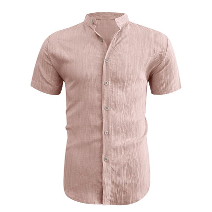 2026 New Men Vertical Wrinkle Textured Mandarin Collar Short Sleeve Button Shirt Loose Fit Summer Beach Travel Daily Casual Top