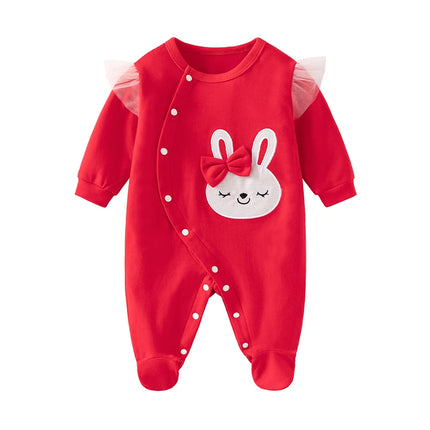 Newborn baby girl spring & fall jumpsuit with long sleeves pure cotton cute yellow cartoon embroidered rabbit