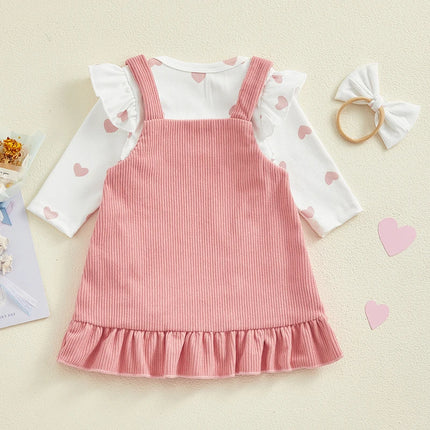 Pudcoco Infant Baby Girls 3Pcs Spring Outfits Heart Print Romper Suspender Skirt Headband Set Newborn Clothes 0-18M