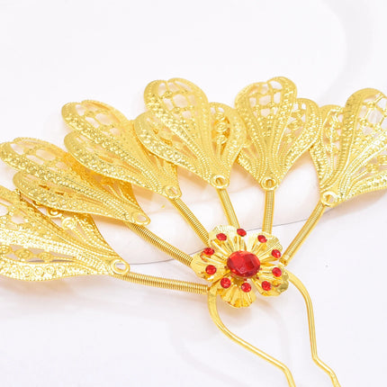 New Golden Alloy Leaf Crystal Flower Hairpin Hair Accessories for Women Thailand Ethnic Dance Party Decoration Headwear Jewelry