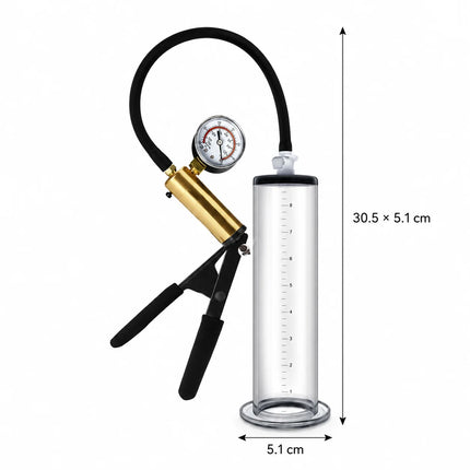 Male Acrylic Cylinder Vacuum Pump Sex Toy with Black Hose Metal Gauge Hand Pump and Man Masturbation Accessories