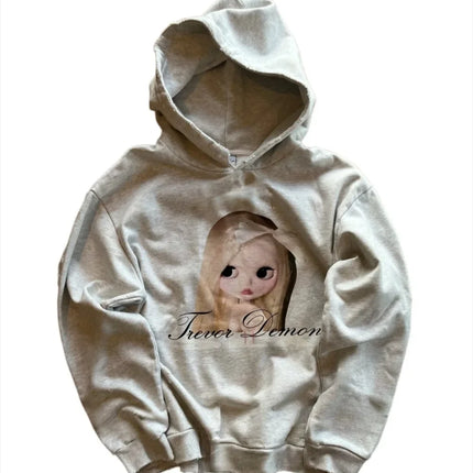Coraline Graphic Print Grey Zip Up Hoodie Star Pattern Hand Painted Oversized Soft Streetwear Y2K Retro for Women Daily Wear