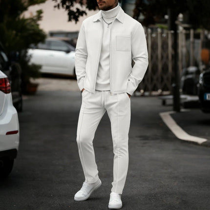 Men's fashionable casual plain-color waffle knit pullover with zipped pocket and collar, high-quality men's jacket, trousers set