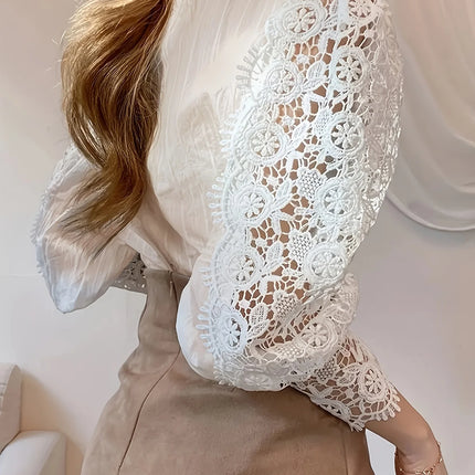 Plus Size Spring Women's  Elegant Lantern Sleeve Solid Color Pleated Shirt