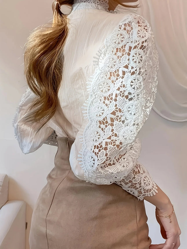 Plus Size Spring Women's  Elegant Lantern Sleeve Solid Color Pleated Shirt