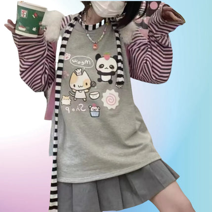 Japan Kawaii Sweet Women T-Shirt O-Neck Stripe Patchwork Long Sleeve Cartoon Print Loose Pullover Casual Cute Top Youth Vitality