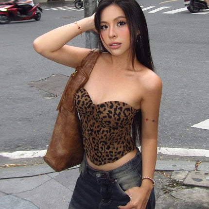 Weird Puss Leopard Print Corset Top Women Low-Neck Sexy Hottie Midnight Wild Coquette Hip Hop Trend Classic Street Strapless Vest