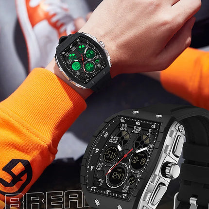 Men Sports Digital Wrist Watches For Male Clock Dual Display Man Tonneau Watches Chronograph Luminous Silicone Band Dropship