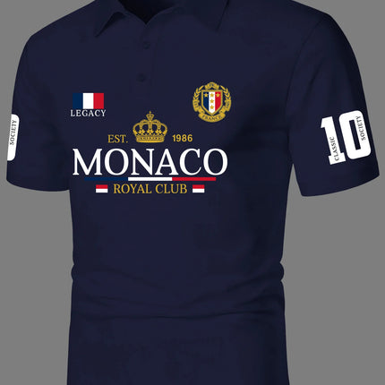 Men's Elegant Style Polo Shirt Royal Crown Print Turn Down Collar Short Sleeve Polyester Tops with Number 10 Sleeve Detail S-XXL