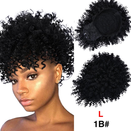 Leeons New Synthetic Afro Kinky Curly Hair Bangs Puff Hair Bun Drawstring Ponytails Clip On Hair Extension Updo Pineapple Fringe