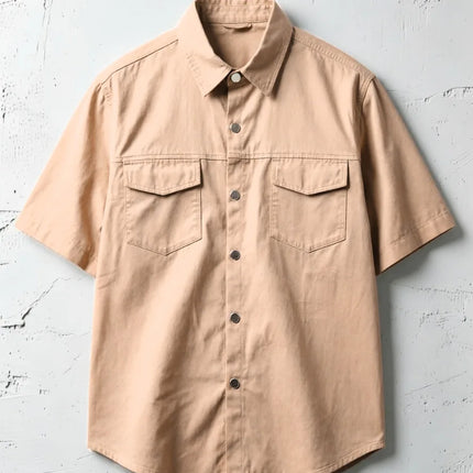 Summer Men's 100% Cotton Short Sleeve Shirt Double Pocket Solid Color Cargo Shirts Casual Vacation Beach Style Lightweight Tops