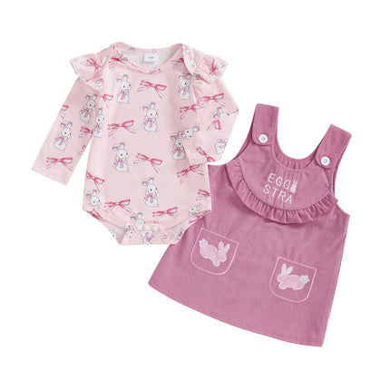 Baby Girl Easter Outfit Bunny Bow Long Sleeve Romper with Overall Dress 2 Pcs Spring Set