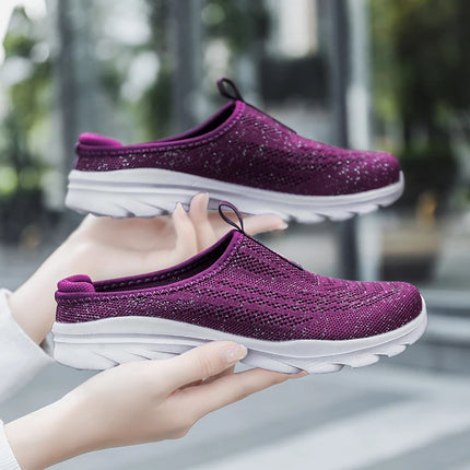 Women's Ultra Light Oversized Running Shoes, Fashionable Fly Woven Breathable Mules Sports Sneakers Plus Size 35-42