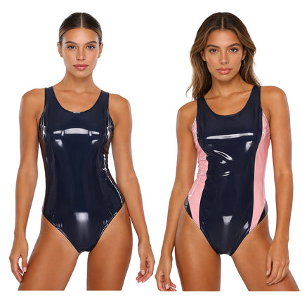 Women One Piece Wet Look Swimsuit Bodysuit Sleeveless Glossy High Cut Bodycon Jumpsuit Bathing Suit for Pool Party Beachwear