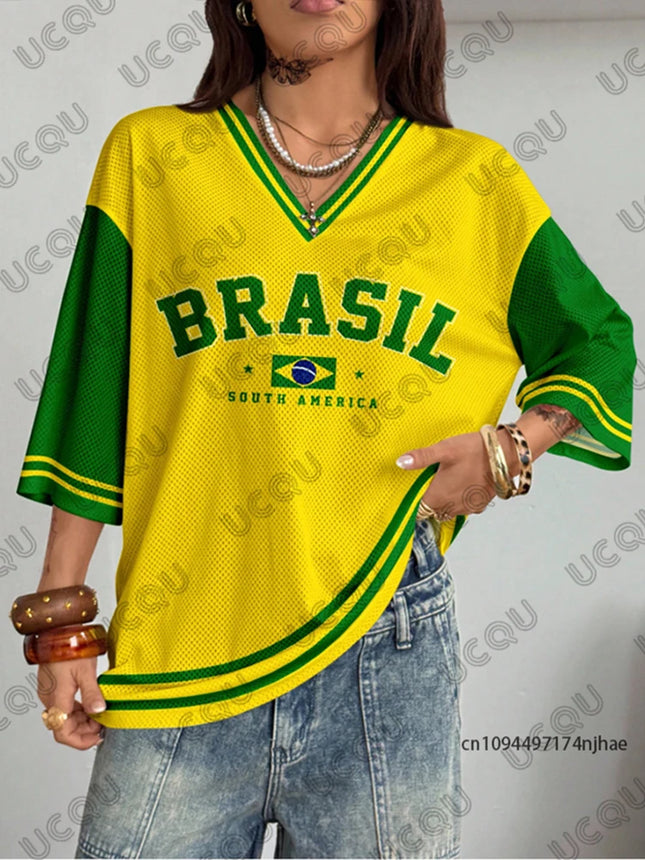 Summer New Brazil Print T-Shirt for Women V-Neck Patchwork Short Sleeve Sports Football Jersey Y2K Loose Oversized Vintage Tops
