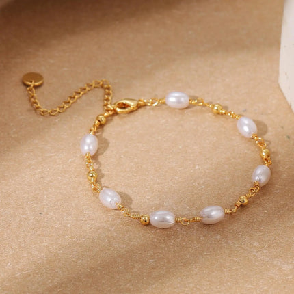 14K Gold Plated Pearl Bracelets Women Dainty Pearl Chain Bridesmaid Bracelets, Waterproof Wedding Jewelry for Women Adjustable