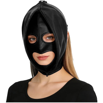 Leather Mask Full Face Double Layer Headgear Zip Head Hood Adjustable Lace-up Leather Bondage Masks Halloween Cosplay Party Mask