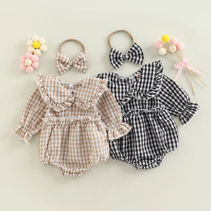 2Pcs Infant Baby Girl Spring Autumn Outfit, Plaid Doll Collar Long Sleeve Ruffle Romper + Hairband Set for Infants, 0-18 Months
