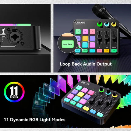 Oneodio Gaming Audio Mixer With XLR Microphone Interface 48V Phantom RGB Sound Card for Podcast/Live Streaming/PC Voice Changer