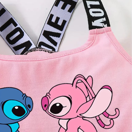 2025 Disney Stitch Girls 3-12Y Summer Romper. Thick-strap off-shoulder loose breathable shorts jumpsuit. Casual outfit!
