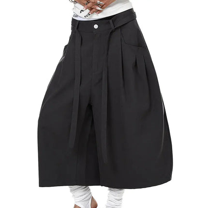 Mauroicardi Spring Summer Loose Soft Baggy Black Scimitar Wide Leg Shorts for Men High Waist Sashes Knee Length Pants Clothes