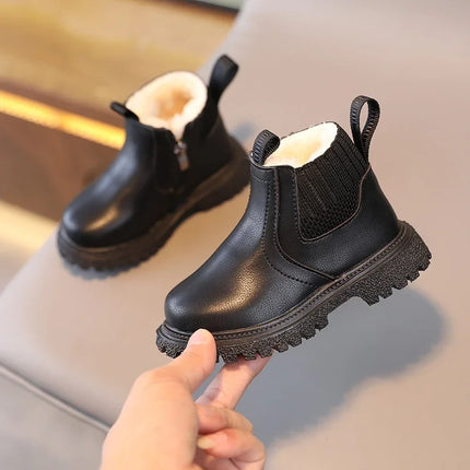 Winter Kids Boys Girls Fashion Boots British Style Zipper Velvet Warmth Non-Slip Short Boots Anti-slip Children Leather Shoes