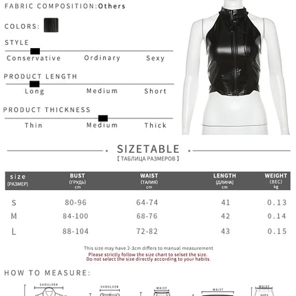Weird Puss PU Backless Women Tank Tops Halter Neck Sleeveless Zipper Decoration Sexy Punk Nightclub Streetwear Summer Wild Vest