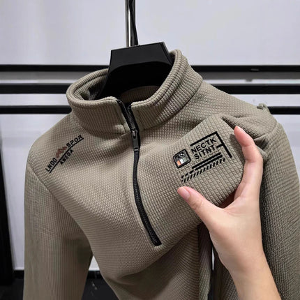 Trendy Long Sleeve Polo Shirt Men's Loose Fit Patchwork Color Embroidered Letter American Retro Half Zip Sweatshirt