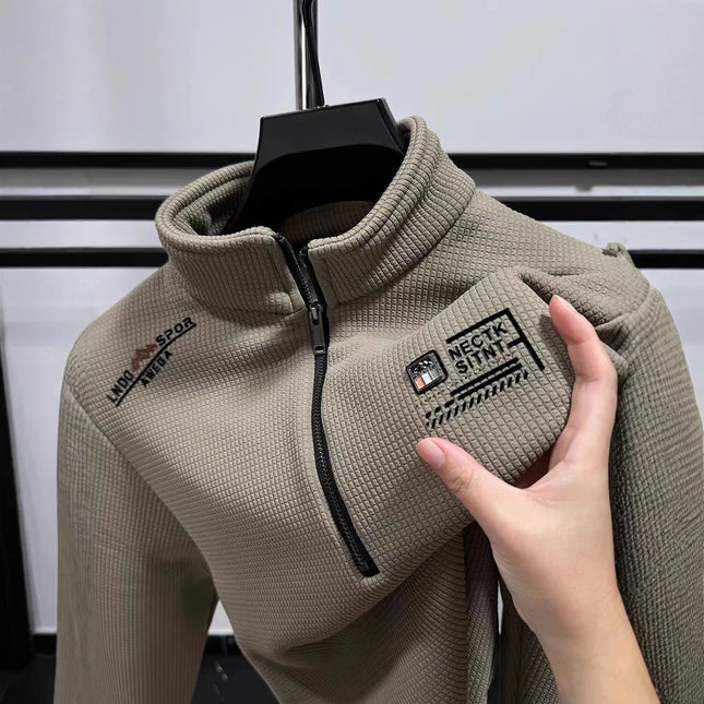 Trendy Long Sleeve Polo Shirt Men's Loose Fit Patchwork Color Embroidered Letter American Retro Half Zip Sweatshirt