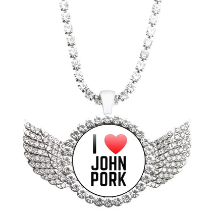John Pork Is Calling Answer Call Phone Humor Funny Pig Graphic Glass Cabochon Angel Wings Pendant Necklace Jewelry Giftwholesale
