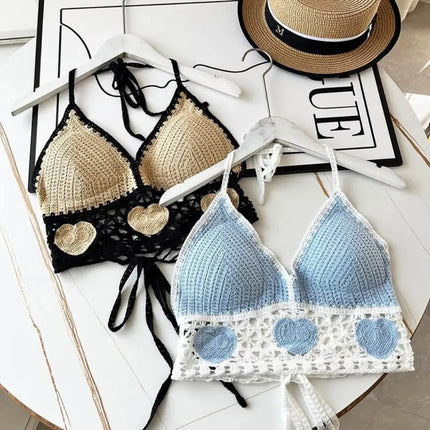 National Style Women's Swimwear Top with Chest Pads Bohemian Beach Wear Outfit Crochet Halter Neck Summer Sling Beach Vacation