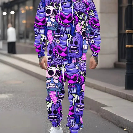 The new men's hoodie set for Spring and Autumn 2025 features a casual fashionable and comfortable 3D graffiti pattern print