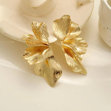 Stainless Steel Golden Double Layered Five Petal Flower Earring for Women Vintage Stripe Flower Dangle Earrings Jewelry Gifts