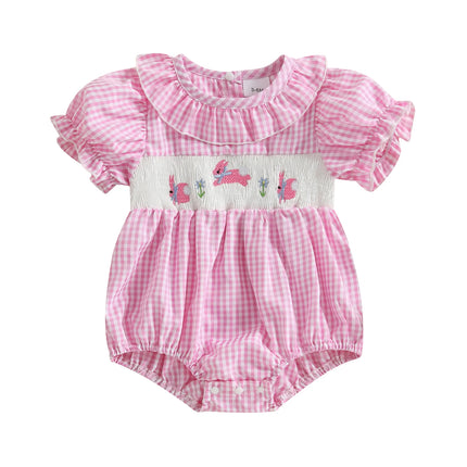 Citgeett Summer Infant Baby Girl Sweet Plaid Bodysuit Short Puff Sleeve Collar Bunny Embroidery Jumpsuit Clothes