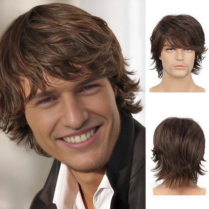 Anxin Brand Synthetic Fiber Wig: Deep Brown Natural Fluffy Layered Short Curly Hairstyle, Realistic Hair Texture, Soft and Smooth Feel, Fits the Head Shape; Made from High-Quality Synthetic Fiber Material, Comfortable to Wear