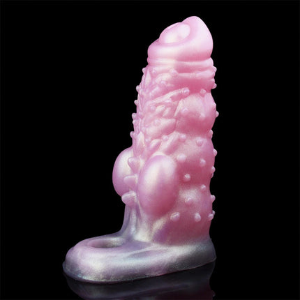 FAAK Pink Dildo Sheath Fantasy Ribbed Dragon Penis Sleeve Soft Silicone Sex Toys Stretchable Cock Enlargement Male Masturbator