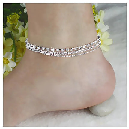 Silver Color Crystal Zircon 3 Rows Beads Anklet for Women New Fashion Chain Multilayer Rhinestones Foot Crystal Jewelry
