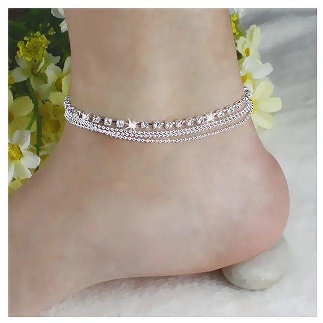 Silver Color Crystal Zircon 3 Rows Beads Anklet for Women New Fashion Chain Multilayer Rhinestones Foot Crystal Jewelry
