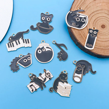 10pcs/Lot Music Cartoon Cute Black Cat Charms Cartoon Enamel  Pendants For DIY Jewelry Making Handmade Decoration Accessories